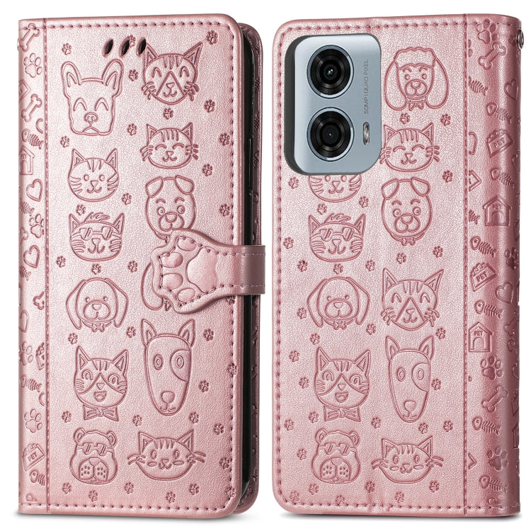 For Motorola MOTO G24 Power Cat and Dog Embossed Leather Phone Case(Rose Gold) - Motorola Cases by PMC Jewellery | Online Shopping South Africa | PMC Jewellery | Buy Now Pay Later Mobicred