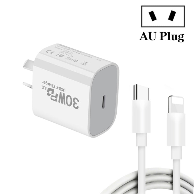 Single Port PD30W USB-C / Type-C Charger with Type-C to 8 Pin Data Cable AU Plug - USB Charger by PMC Jewellery | Online Shopping South Africa | PMC Jewellery | Buy Now Pay Later Mobicred