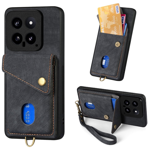 For Xiaomi 14 Retro Card Wallet Fold Leather Phone Case with Strap(Black) - 14 Cases by PMC Jewellery | Online Shopping South Africa | PMC Jewellery | Buy Now Pay Later Mobicred