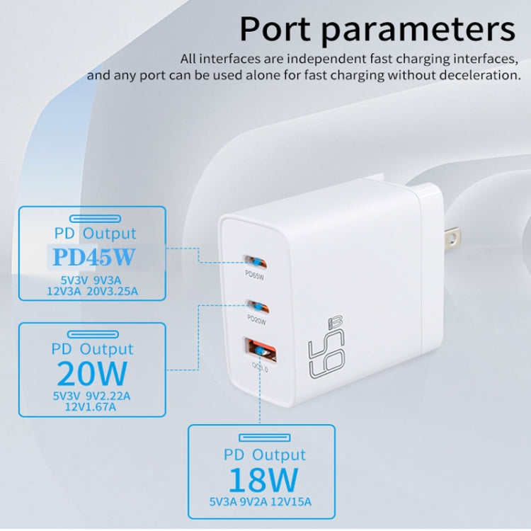 GAN 65W PD45W Dual Type-C+QC3.0 USB Multi Compatible Laptop Adapter AU + US Plug White - Power Supply by PMC Jewellery | Online Shopping South Africa | PMC Jewellery | Buy Now Pay Later Mobicred