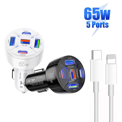 TE-P50 65W PD30W Type-C x 2 + USB x 3 Multi Port Car Charger with 1m Type-C to 8 Pin Data Cable(White) - Car Charger by PMC Jewellery | Online Shopping South Africa | PMC Jewellery | Buy Now Pay Later Mobicred