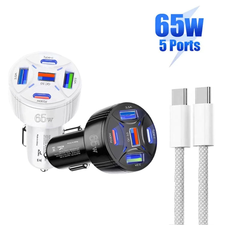 TE-P50 65W PD30W Type-C x 2 + USB x 3 Multi Port Car Charger with 1m Type-C to Type-C Data Cable(White) - Car Charger by PMC Jewellery | Online Shopping South Africa | PMC Jewellery | Buy Now Pay Later Mobicred