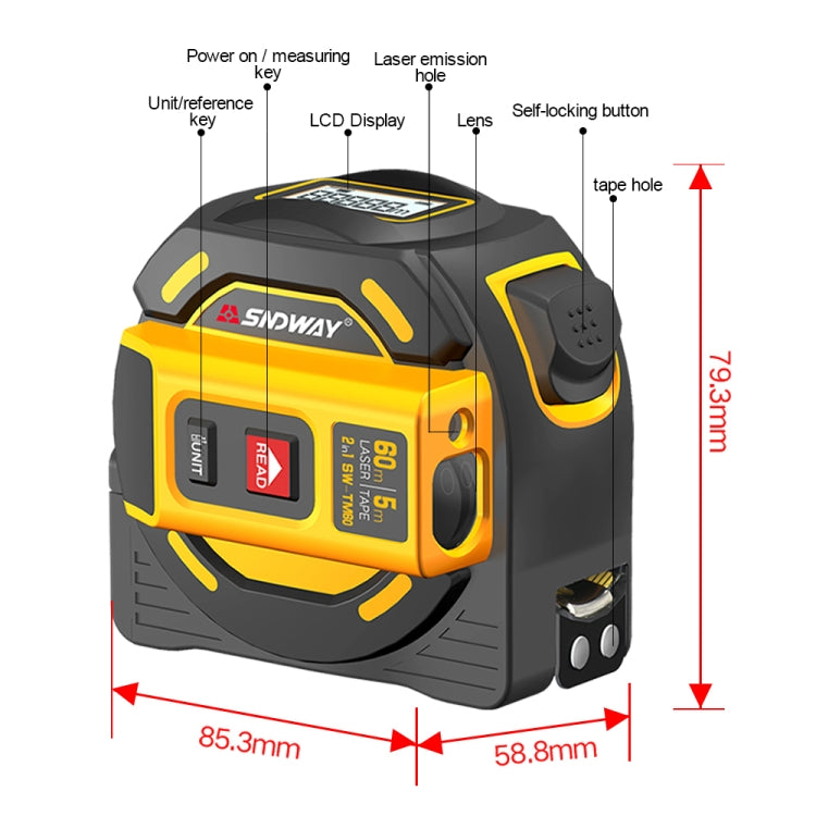 SNDWAY SW-TM60 60m Digital Rangefinder Laser Distance Meter Tape Multi-function Self-Locking Hand Tool Device - Laser Rangefinder by SNDWAY | Online Shopping South Africa | PMC Jewellery | Buy Now Pay Later Mobicred