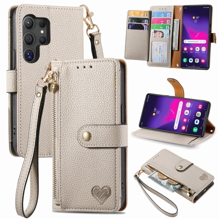 For Samsung Galaxy S24 Ultra 5G Love Zipper Lanyard Leather Phone Case(Gray) - Galaxy S24 Ultra 5G Cases by PMC Jewellery | Online Shopping South Africa | PMC Jewellery | Buy Now Pay Later Mobicred