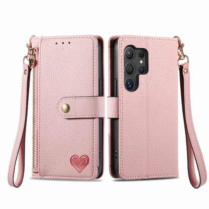 For Samsung Galaxy S24 Ultra 5G Love Zipper Lanyard Leather Phone Case(Pink) - Galaxy S24 Ultra 5G Cases by PMC Jewellery | Online Shopping South Africa | PMC Jewellery | Buy Now Pay Later Mobicred