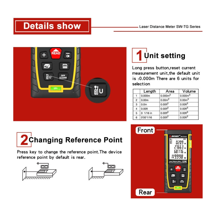 SNDWAY Double Horizontal bubble Rangefinder Laser Distance Meter Range Hand Tool Device SW-TG120 - Laser Rangefinder by SNDWAY | Online Shopping South Africa | PMC Jewellery | Buy Now Pay Later Mobicred