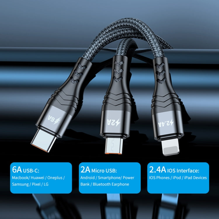 ENKAY 3-in-1 6A USB to Type-C / 8 Pin / Micro USB Multifunction Fast Charging Cable, Cable Length:2m(Black) - Multifunction Cable by ENKAY | Online Shopping South Africa | PMC Jewellery | Buy Now Pay Later Mobicred