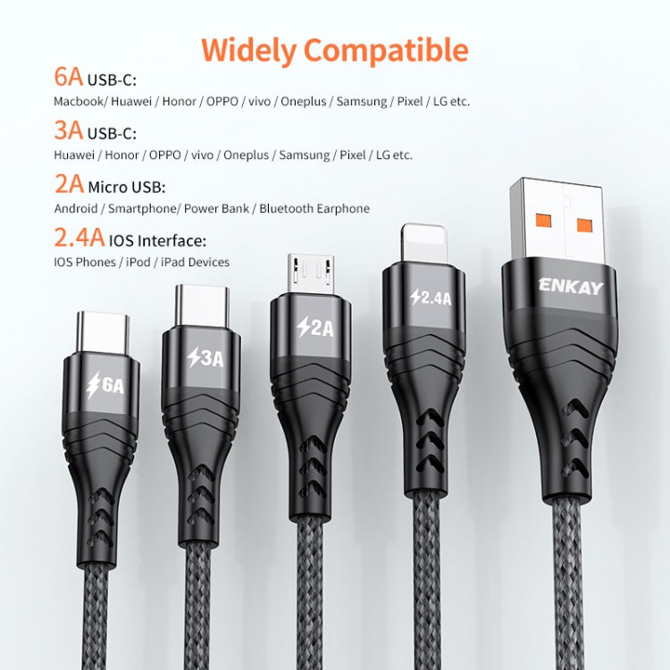 ENKAY 4-in-1 6A USB-A to Type-C / 8 Pin / Micro USB Multifunction Fast Charging Cable, Cable Length:1m(Grey) - Multifunction Cable by ENKAY | Online Shopping South Africa | PMC Jewellery | Buy Now Pay Later Mobicred