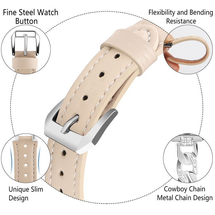 For Apple Watch SE 2022 40mm Rhinestone Denim Chain Leather Watch Band(Apricot) - Watch Bands by PMC Jewellery | Online Shopping South Africa | PMC Jewellery