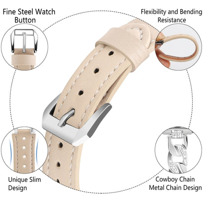 For Apple Watch SE 2022 40mm Rhinestone Denim Chain Leather Watch Band(Apricot) - Watch Bands by PMC Jewellery | Online Shopping South Africa | PMC Jewellery