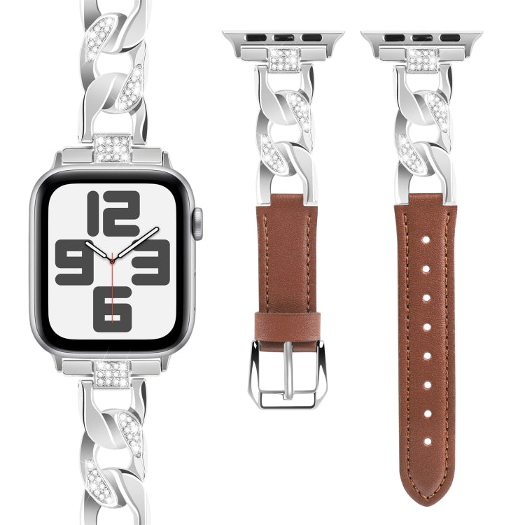 For Apple Watch SE 2022 40mm Rhinestone Denim Chain Leather Watch Band(Brown) - Watch Bands by PMC Jewellery | Online Shopping South Africa | PMC Jewellery