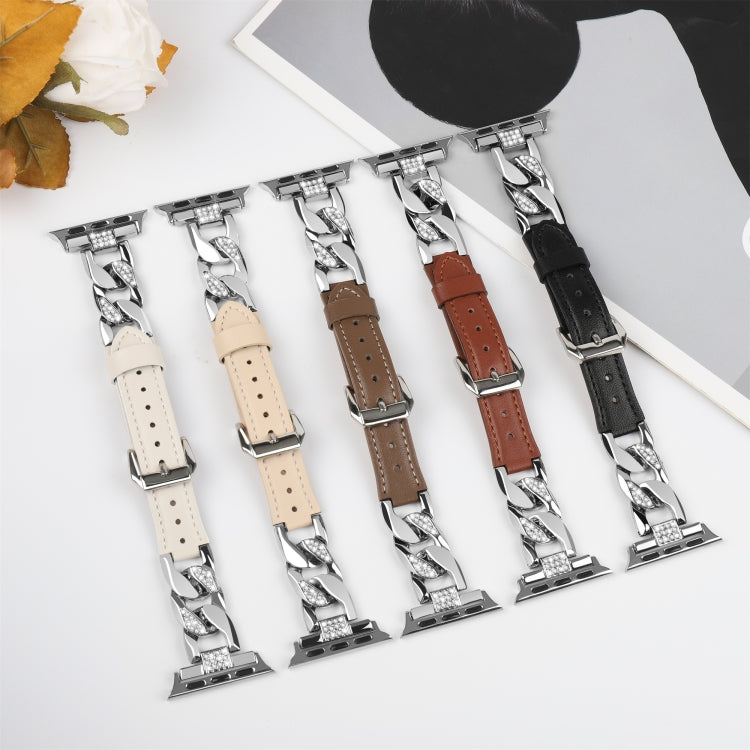 For Apple Watch SE 2022 40mm Rhinestone Denim Chain Leather Watch Band(Apricot) - Watch Bands by PMC Jewellery | Online Shopping South Africa | PMC Jewellery