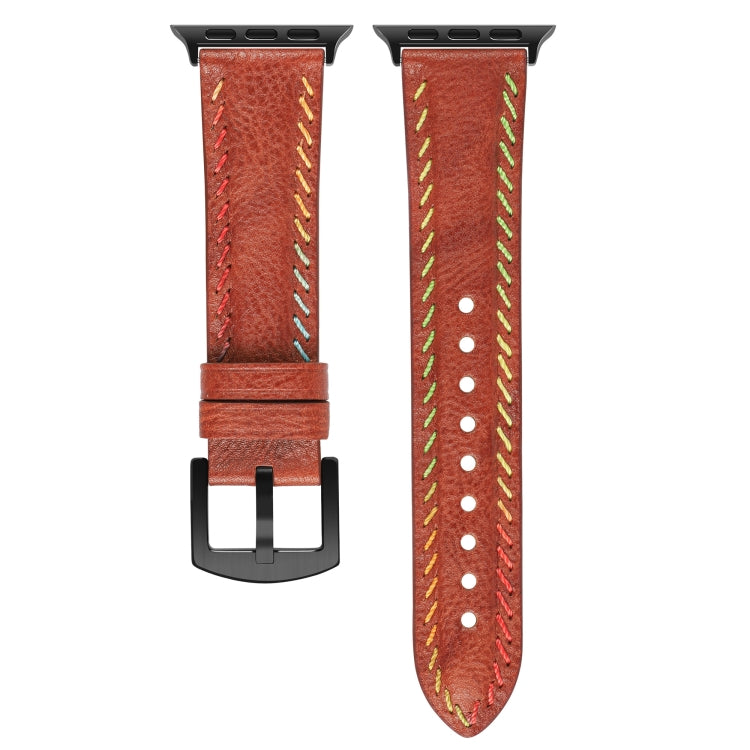 For Apple Watch Series 8 41mm Colorful Sewing Thread Leather Watch Band(Brown) - Watch Bands by PMC Jewellery | Online Shopping South Africa | PMC Jewellery