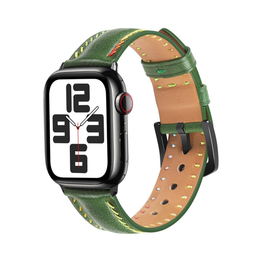 For Apple Watch Series 8 45mm Colorful Sewing Thread Leather Watch Band(Green) - Watch Bands by PMC Jewellery | Online Shopping South Africa | PMC Jewellery