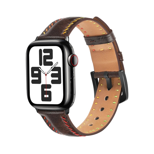 For Apple Watch Series 6 44mm Colorful Sewing Thread Leather Watch Band(Dark Brown) - Watch Bands by PMC Jewellery | Online Shopping South Africa | PMC Jewellery