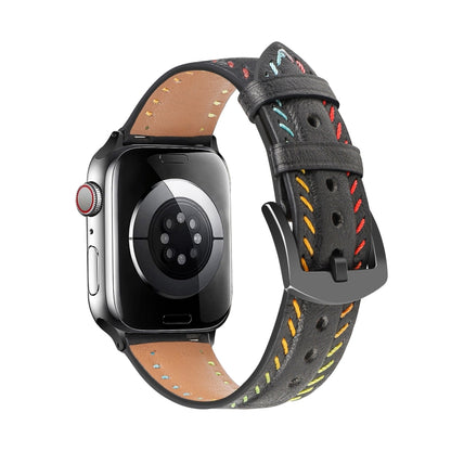 For Apple Watch Series 6 44mm Colorful Sewing Thread Leather Watch Band(Black) - Watch Bands by PMC Jewellery | Online Shopping South Africa | PMC Jewellery