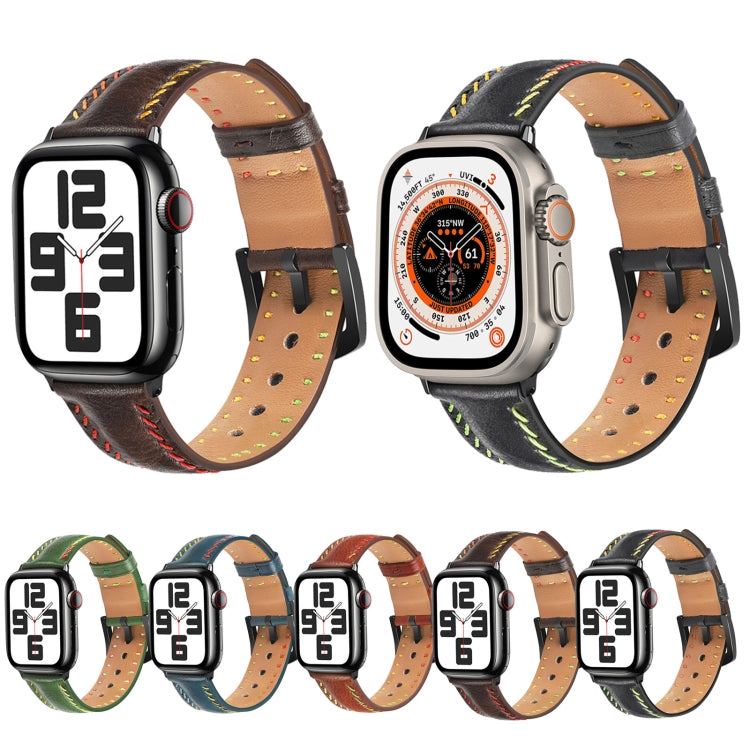 For Apple Watch Series 6 44mm Colorful Sewing Thread Leather Watch Band(Black) - Watch Bands by PMC Jewellery | Online Shopping South Africa | PMC Jewellery