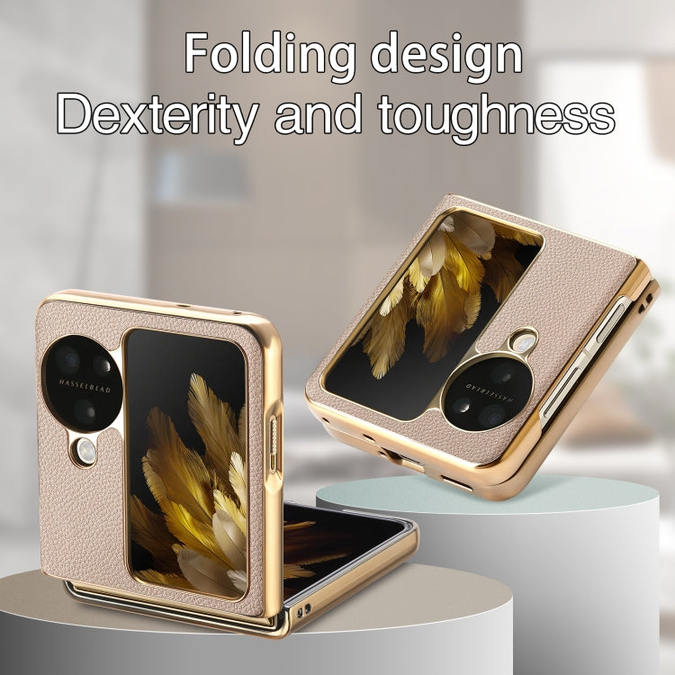 For OPPO Find N3 Flip Litchi Leather Electroplating Shockproof Phone Case(Khaki) - Find N3 Flip Cases by PMC Jewellery | Online Shopping South Africa | PMC Jewellery | Buy Now Pay Later Mobicred