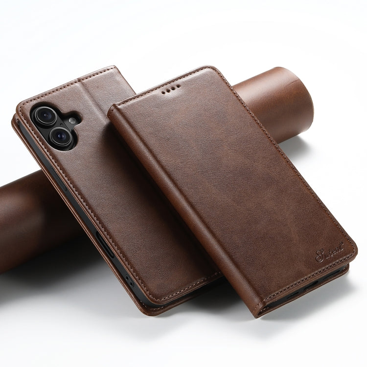 For iPhone 16 Suteni Calf Texture Horizontal Flip Leather Phone Case(Brown) - iPhone 16 Cases by Suteni | Online Shopping South Africa | PMC Jewellery | Buy Now Pay Later Mobicred