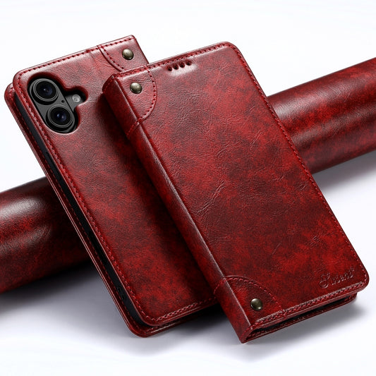 For iPhone 16 Suteni Baroque Calf Texture Buckle Wallet Leather Phone Case(Red) - iPhone 16 Cases by Suteni | Online Shopping South Africa | PMC Jewellery | Buy Now Pay Later Mobicred