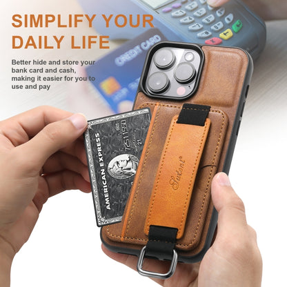 For iPhone 16 Pro Suteni H13 Card Wallet Wrist Strap Holder PU Phone Case(Brown) - iPhone 16 Pro Cases by Suteni | Online Shopping South Africa | PMC Jewellery | Buy Now Pay Later Mobicred