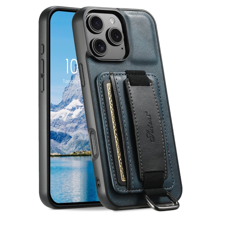 For iPhone 16 Pro Max Suteni H13 Card Wallet Wrist Strap Holder PU Phone Case(Blue) - iPhone 16 Pro Max Cases by Suteni | Online Shopping South Africa | PMC Jewellery | Buy Now Pay Later Mobicred