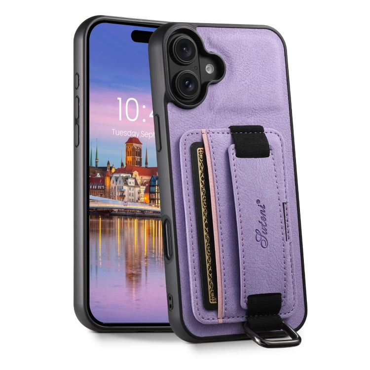 For iPhone 16 Plus Suteni H13 Litchi Leather Wrist Strap Wallet Back Phone Case(Purple) - iPhone 16 Plus Cases by Suteni | Online Shopping South Africa | PMC Jewellery | Buy Now Pay Later Mobicred