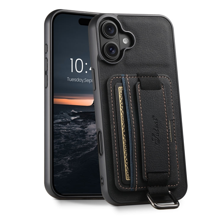 For iPhone 16 Suteni H13 Litchi Leather Wrist Strap Wallet Back Phone Case(Black) - iPhone 16 Cases by Suteni | Online Shopping South Africa | PMC Jewellery | Buy Now Pay Later Mobicred