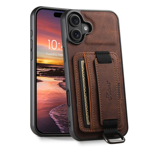 For iPhone 16 Suteni H13 Litchi Leather Wrist Strap Wallet Back Phone Case(Brown) - iPhone 16 Cases by Suteni | Online Shopping South Africa | PMC Jewellery | Buy Now Pay Later Mobicred