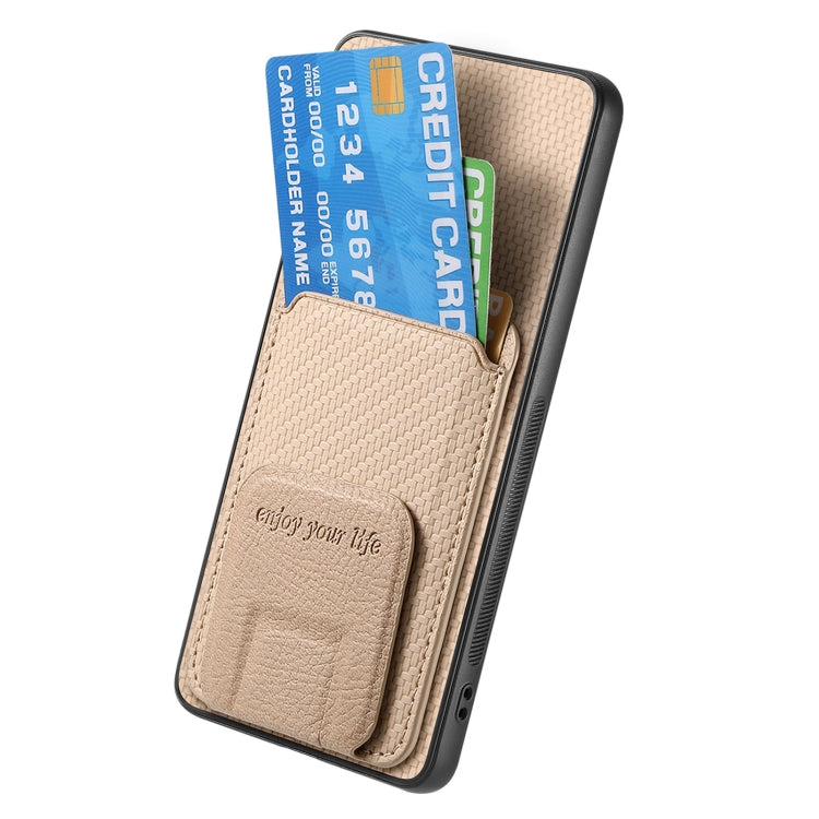 For Samsung Galaxy S25 5G Carbon Fiber Card Bag Fold Stand Phone Case(Khaki) -  by PMC Jewellery | Online Shopping South Africa | PMC Jewellery | Buy Now Pay Later Mobicred