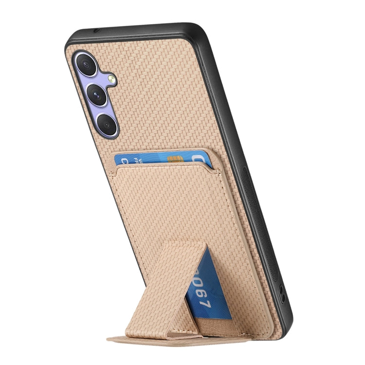 For Samsung Galaxy S25 Ultra 5G Carbon Fiber Card Bag Fold Stand Phone Case(Khaki) - Galaxy S25 Ultra 5G Cases by PMC Jewellery | Online Shopping South Africa | PMC Jewellery | Buy Now Pay Later Mobicred