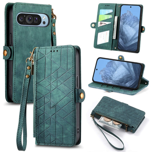 For Google Pixel 9 Geometric Zipper Wallet Side Buckle Leather Phone Case(Green) - Google Cases by PMC Jewellery | Online Shopping South Africa | PMC Jewellery | Buy Now Pay Later Mobicred