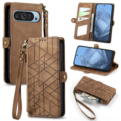 For Google Pixel 9 Geometric Zipper Wallet Side Buckle Leather Phone Case(Brown) - Google Cases by PMC Jewellery | Online Shopping South Africa | PMC Jewellery | Buy Now Pay Later Mobicred