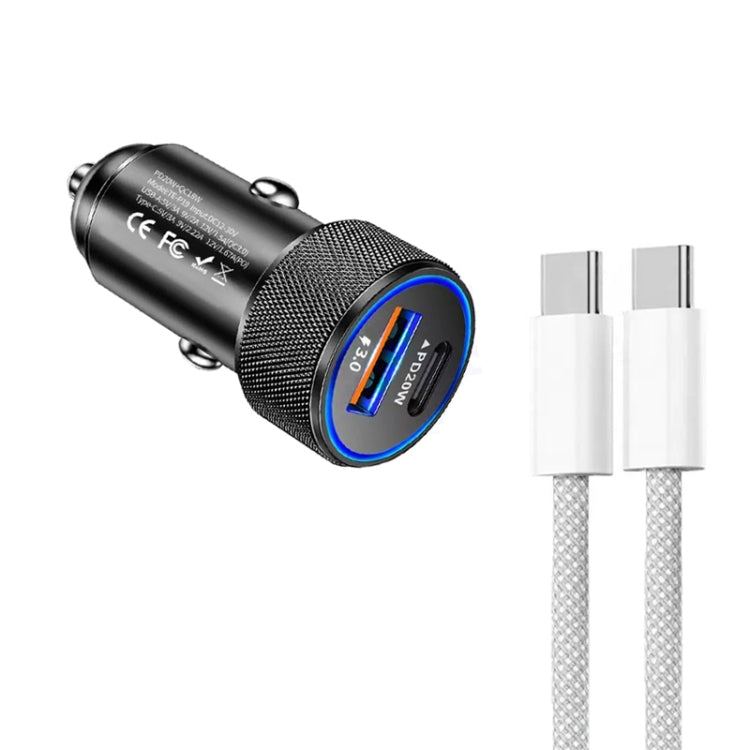 P19 Metal PD20W USB-C + QC18W USB Car Charger with USB-C to USB-C Date Cable for iPhone 15 series(Black) - Car Charger by PMC Jewellery | Online Shopping South Africa | PMC Jewellery | Buy Now Pay Later Mobicred