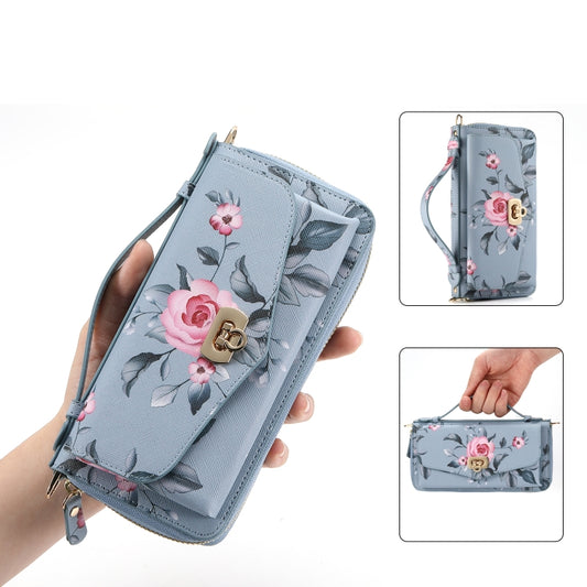 For Samsung Galaxy S24 5G Flower Multi-functional Crossbody Zipper Wallet Leather Phone Case(Blue) - Galaxy S24 5G Cases by PMC Jewellery | Online Shopping South Africa | PMC Jewellery | Buy Now Pay Later Mobicred