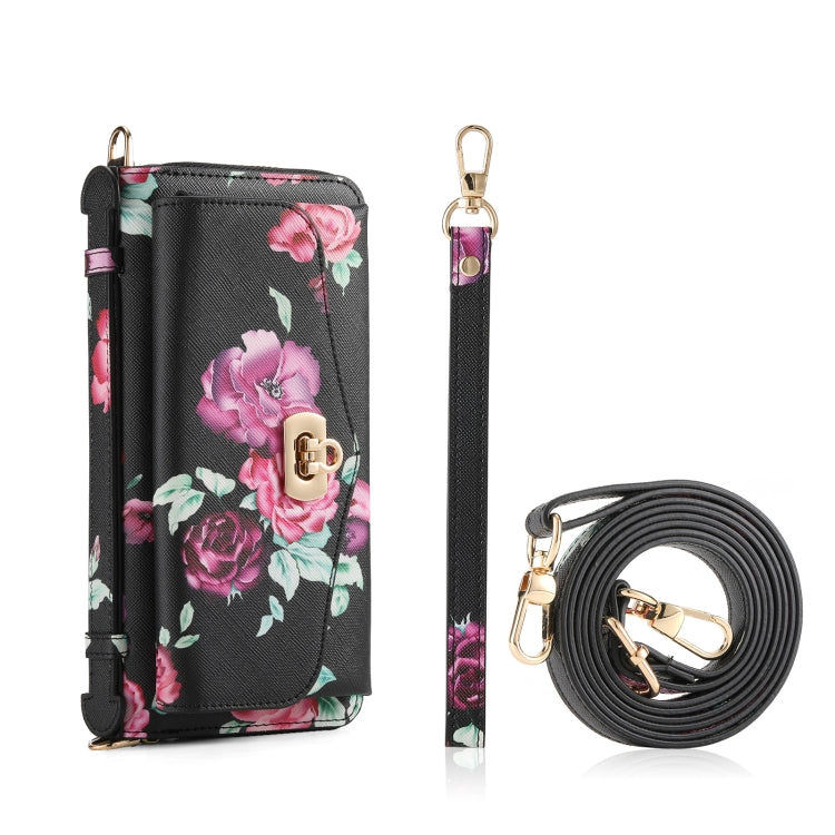 For Samsung Galaxy S24+ 5G Flower Multi-functional Crossbody Zipper Wallet Leather Phone Case(Black) - Galaxy S24+ 5G Cases by PMC Jewellery | Online Shopping South Africa | PMC Jewellery | Buy Now Pay Later Mobicred