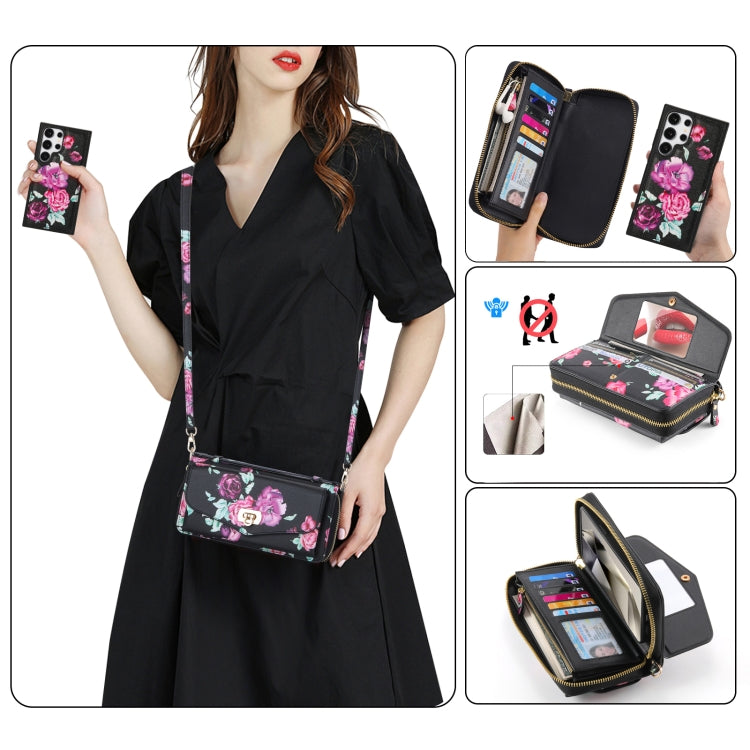 For Samsung Galaxy S24+ 5G Flower Multi-functional Crossbody Zipper Wallet Leather Phone Case(Black) - Galaxy S24+ 5G Cases by PMC Jewellery | Online Shopping South Africa | PMC Jewellery | Buy Now Pay Later Mobicred