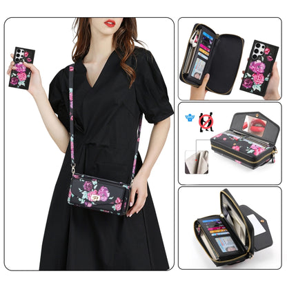 For Samsung Galaxy S24 Ultra 5G Flower Multi-functional Crossbody Zipper Wallet Leather Phone Case(Black) - Galaxy S24 Ultra 5G Cases by PMC Jewellery | Online Shopping South Africa | PMC Jewellery | Buy Now Pay Later Mobicred