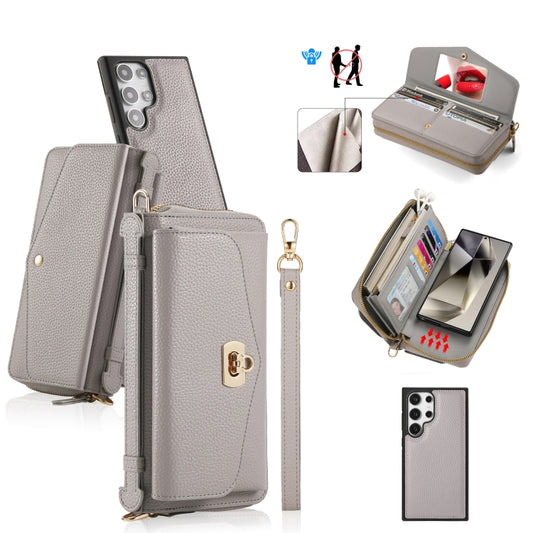 For Samsung Galaxy S24+ 5G Crossbody Multi-functional Zipper Wallet Litchi Leather Phone Case(Grey) - Galaxy S24+ 5G Cases by PMC Jewellery | Online Shopping South Africa | PMC Jewellery | Buy Now Pay Later Mobicred