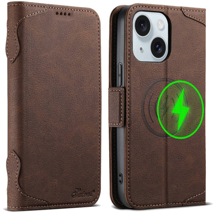 For iPhone 15 SUTENI J07 Multifunctional Horizontal Flip Magsafe Leather Phone Case(Brown) - iPhone 15 Cases by Suteni | Online Shopping South Africa | PMC Jewellery | Buy Now Pay Later Mobicred