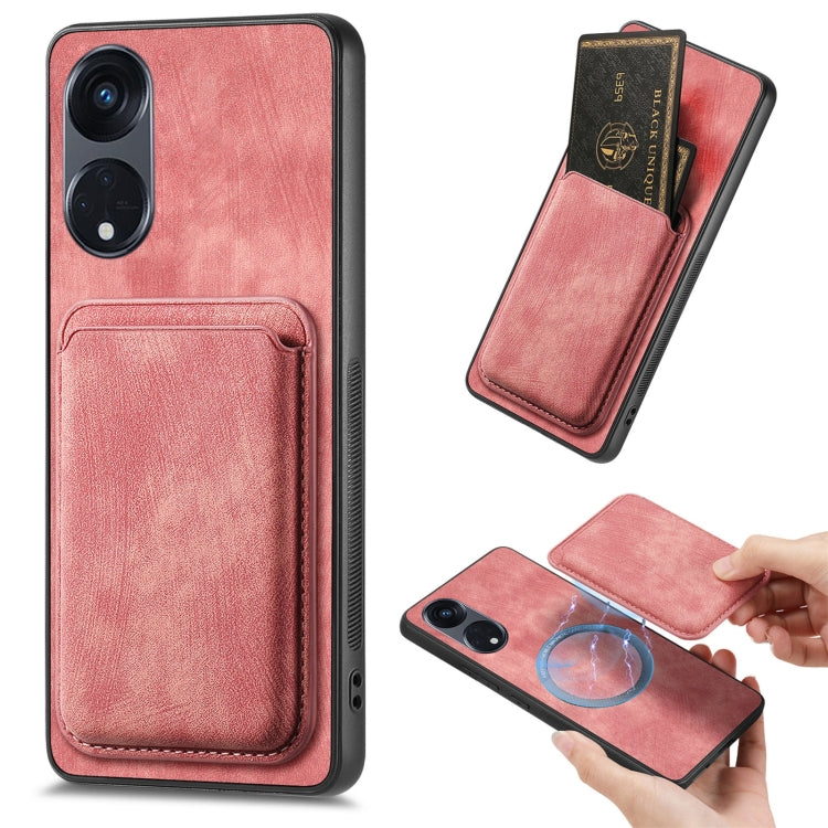 For OPPO Reno8 T 5G Retro Leather Card Bag Magnetic Phone Case(Pink) - OPPO Cases by PMC Jewellery | Online Shopping South Africa | PMC Jewellery | Buy Now Pay Later Mobicred