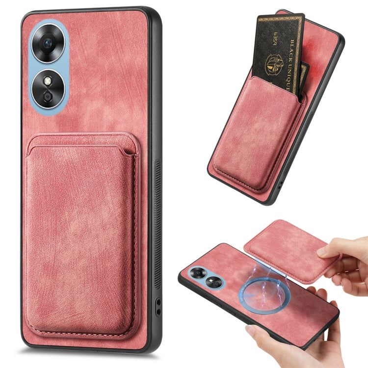 For OPPO A17 Retro Leather Card Bag Magnetic Phone Case(Pink) - OPPO Cases by PMC Jewellery | Online Shopping South Africa | PMC Jewellery | Buy Now Pay Later Mobicred