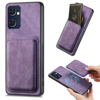 For OPPO Reno7 5G Retro Leather Card Bag Magnetic Phone Case(Purple) - OPPO Cases by PMC Jewellery | Online Shopping South Africa | PMC Jewellery | Buy Now Pay Later Mobicred