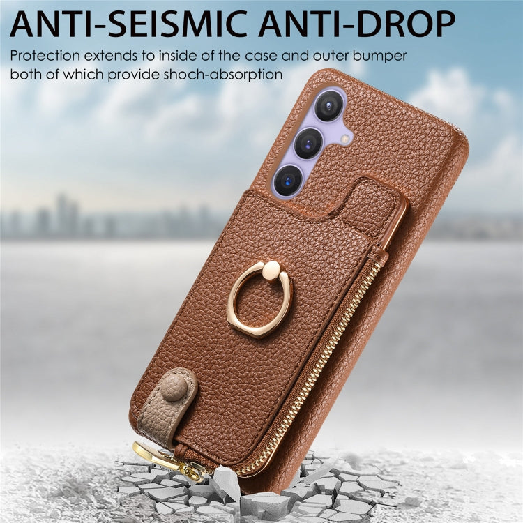 For Samsung Galaxy S24 5G Litchi Leather Oil Edge Ring Zipper Wallet Back Phone Case(Brown) - Galaxy S24 5G Cases by PMC Jewellery | Online Shopping South Africa | PMC Jewellery | Buy Now Pay Later Mobicred