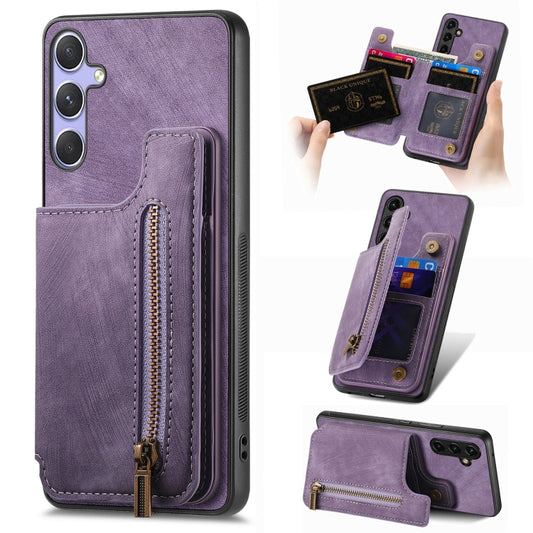 For Samsung Galaxy S25 5G Retro Leather Zipper Wallet Back Phone Case(Purple) - Galaxy S25 5G Cases by PMC Jewellery | Online Shopping South Africa | PMC Jewellery | Buy Now Pay Later Mobicred