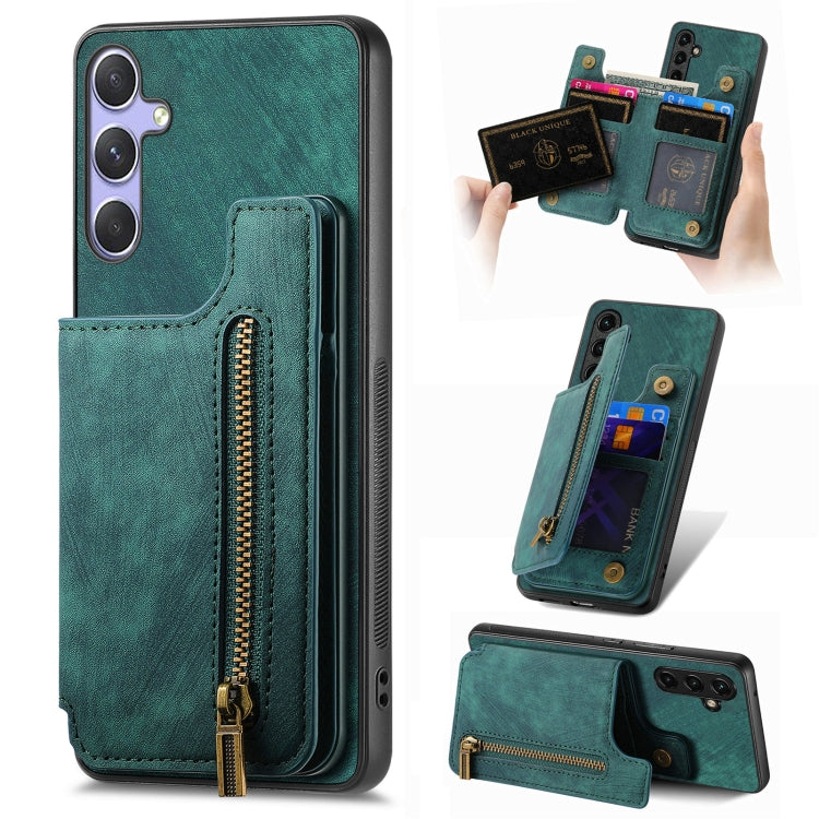 For Samsung Galaxy S25 5G Retro Leather Zipper Wallet Back Phone Case(Green) - Galaxy S25 5G Cases by PMC Jewellery | Online Shopping South Africa | PMC Jewellery | Buy Now Pay Later Mobicred