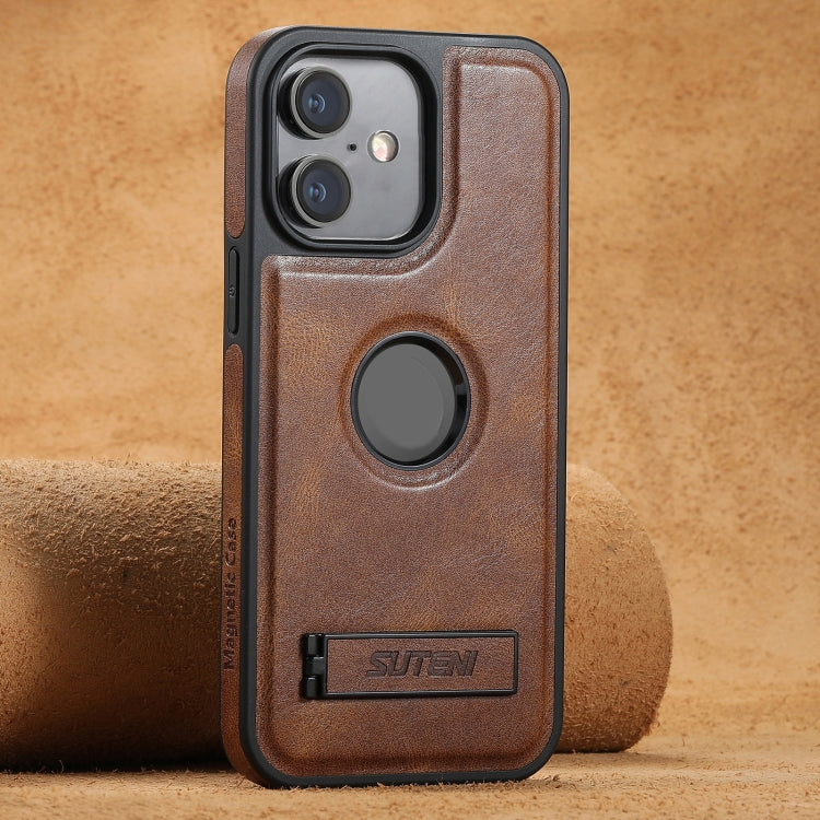 For iPhone 16 Suteni G2 Magsafe Oil Wax Leather Back Phone Case with Holder(Brown) - iPhone 16 Cases by Suteni | Online Shopping South Africa | PMC Jewellery | Buy Now Pay Later Mobicred