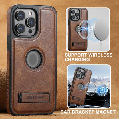 For iPhone 16 Suteni G2 Magsafe Oil Wax Leather Back Phone Case with Holder(Brown) - iPhone 16 Cases by Suteni | Online Shopping South Africa | PMC Jewellery | Buy Now Pay Later Mobicred