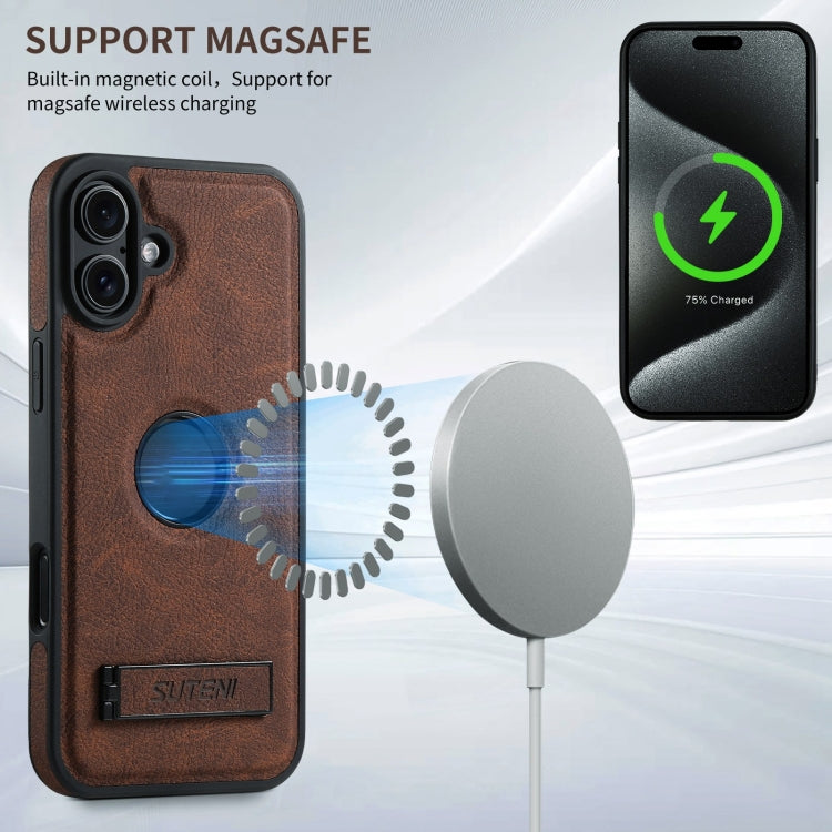 For iPhone 16 Plus Suteni G2 Magsafe Litchi Texture Leather Back Phone Case with Holder(Brown) - iPhone 16 Plus Cases by Suteni | Online Shopping South Africa | PMC Jewellery | Buy Now Pay Later Mobicred