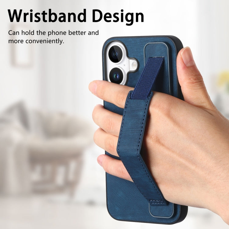 For iPhone 16 Retro Wristband Holder Leather Back Phone Case(Blue) - iPhone 16 Cases by PMC Jewellery | Online Shopping South Africa | PMC Jewellery | Buy Now Pay Later Mobicred